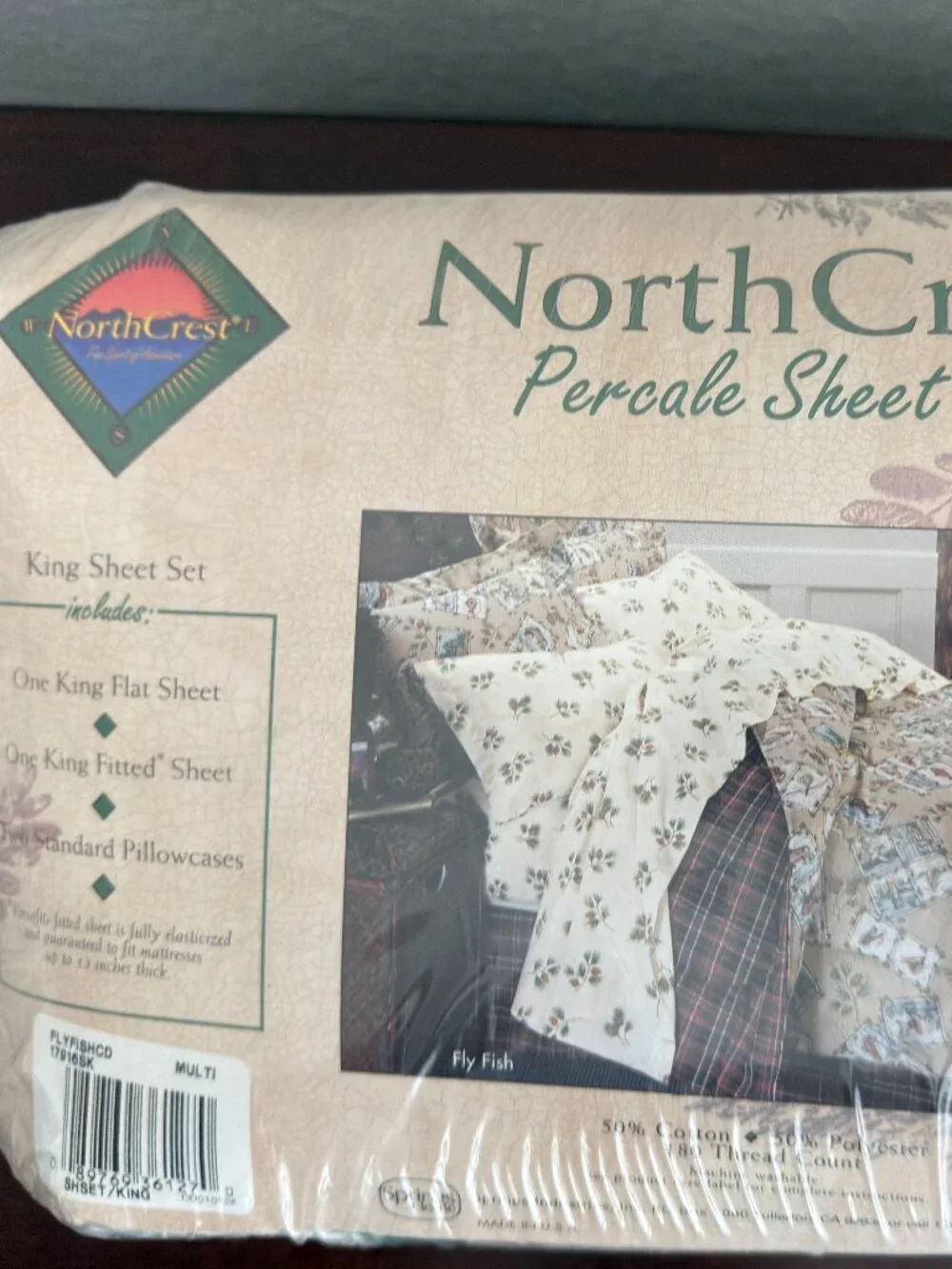 Vintage NorthCrest King Percale Sheet Set Cabin Pine Cone Floral   (BT)